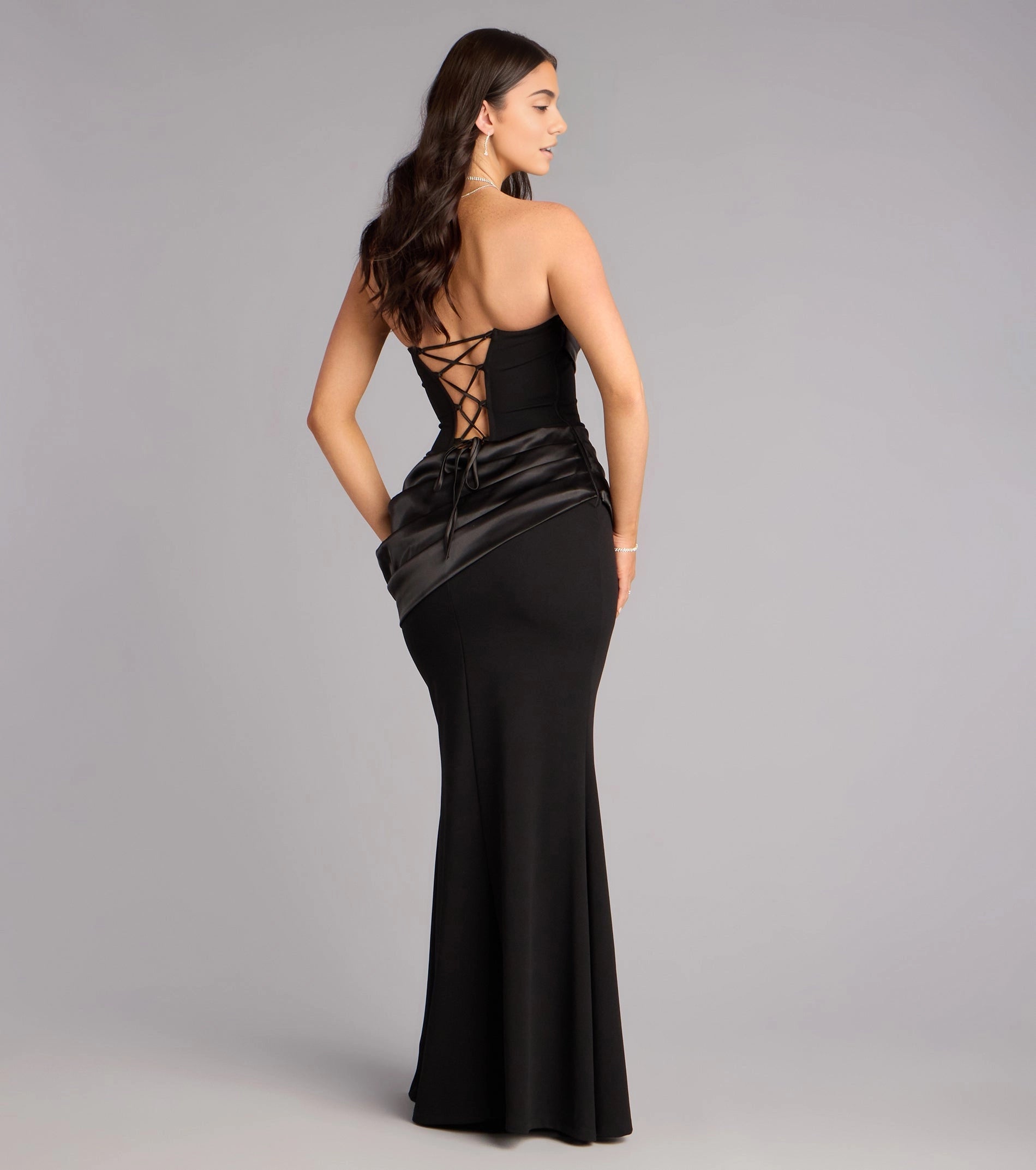 Back view Vedress black criss cross back strapless mermaid prom dress satin formal gown