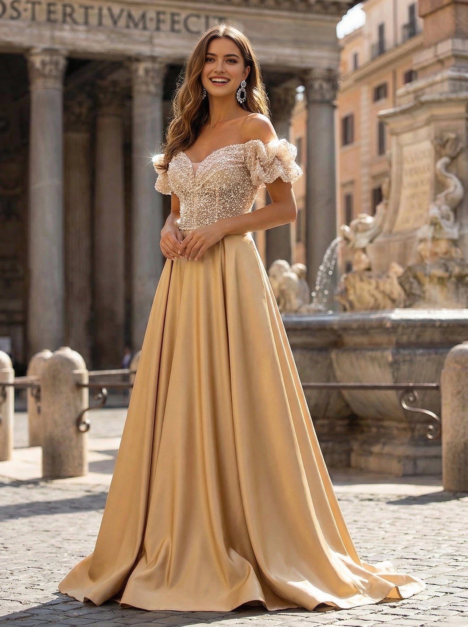 Vedress gold satin beaded bodice off‑shoulder A‑line prom dress front view
