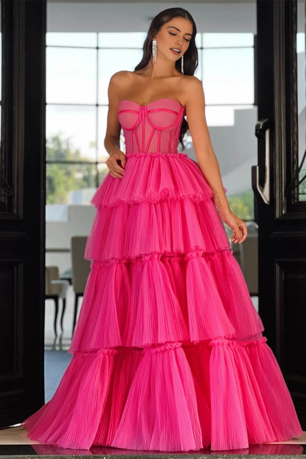 Vibrant Hot‑Pink A‑Line Strapless Sleeveless Lace‑Up‑Back Tiered Floor‑Length Prom Dress