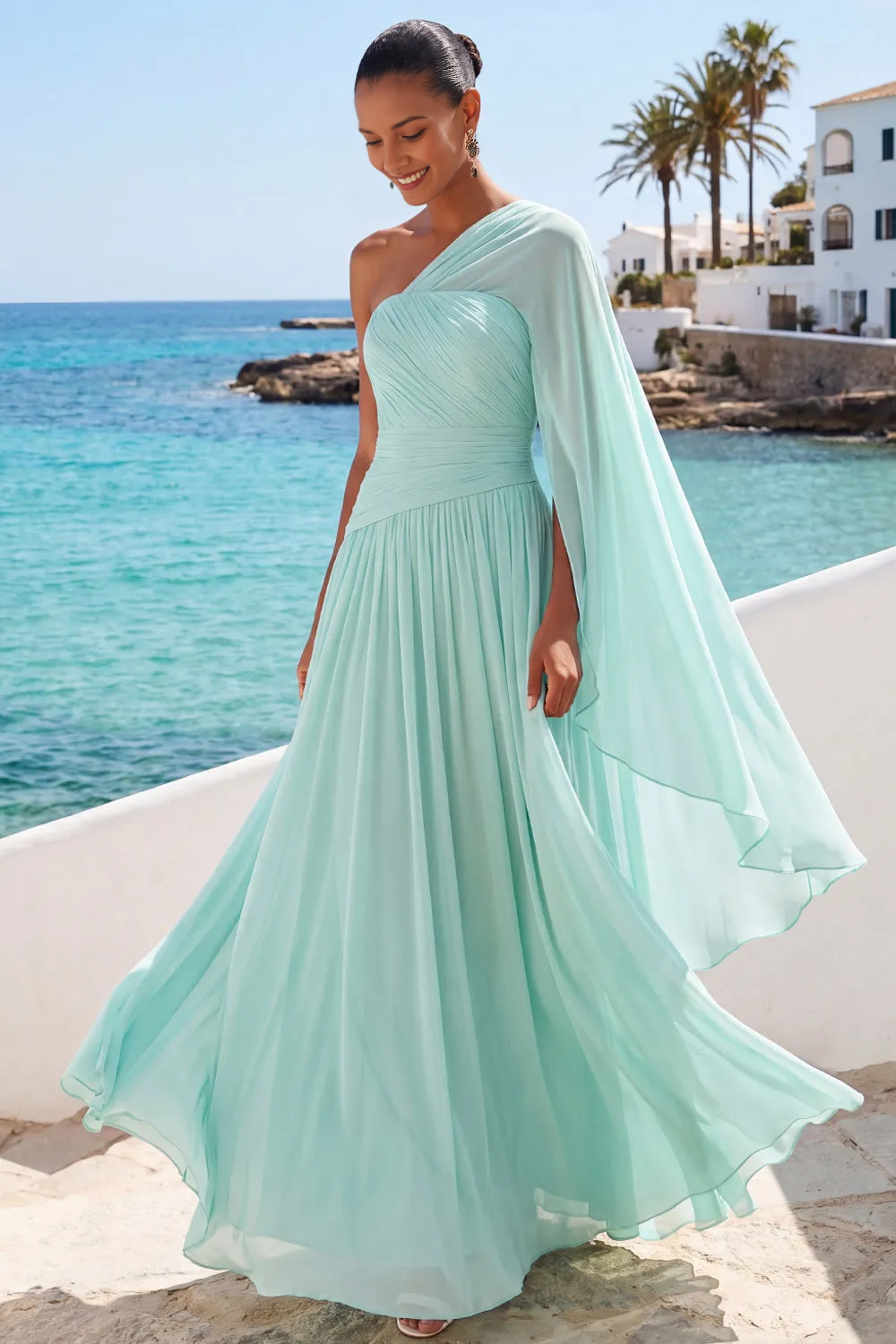 One Shoulder Draped Cape Sleeve Pleated Chiffon A-Line Maxi Bridesmaid Formal Dress