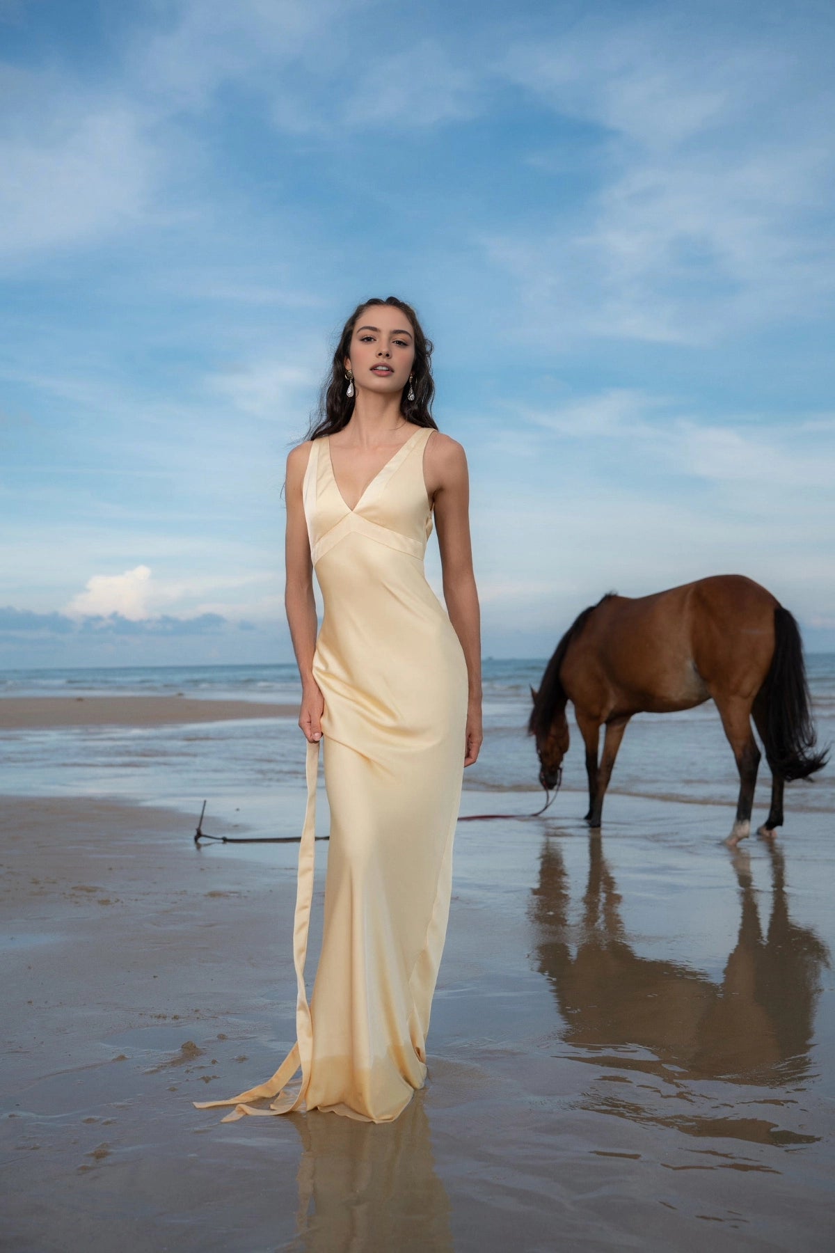 Vedress pale yellow satin v‑neck mermaid prom dress beach front shot