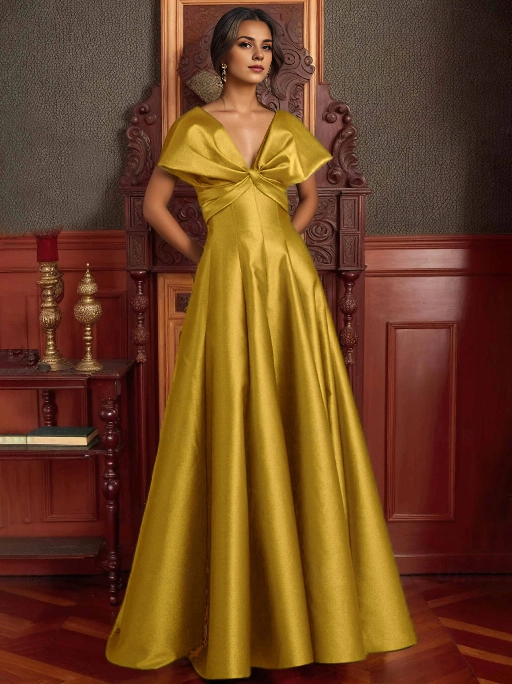 Luxurious A-Line Deep V Cap Sleeve Zip Back Long Prom Dress