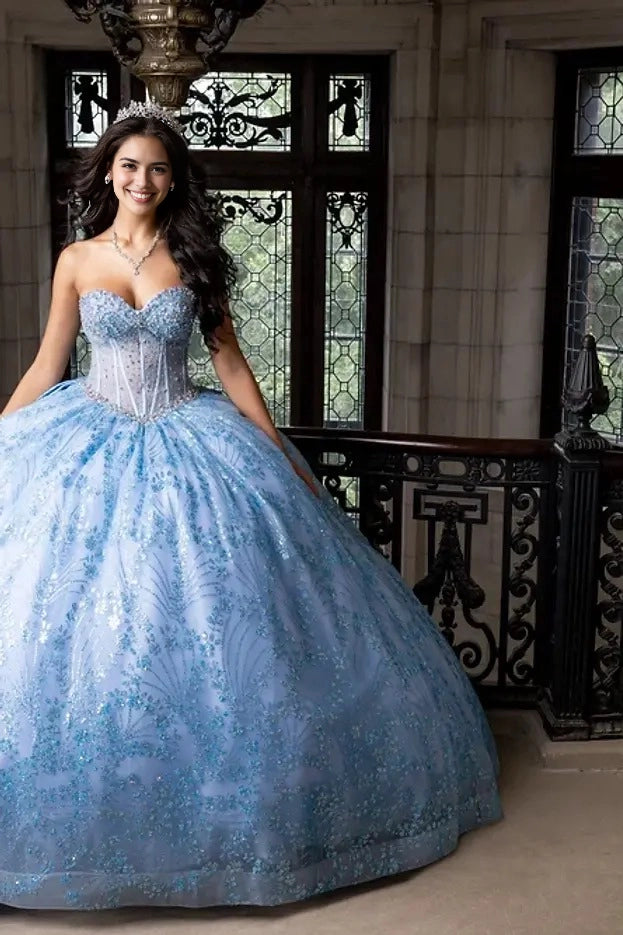 Beaded Ball Gown Sweetheart Chain Strap Corset Bow Train Quinceañera Dress