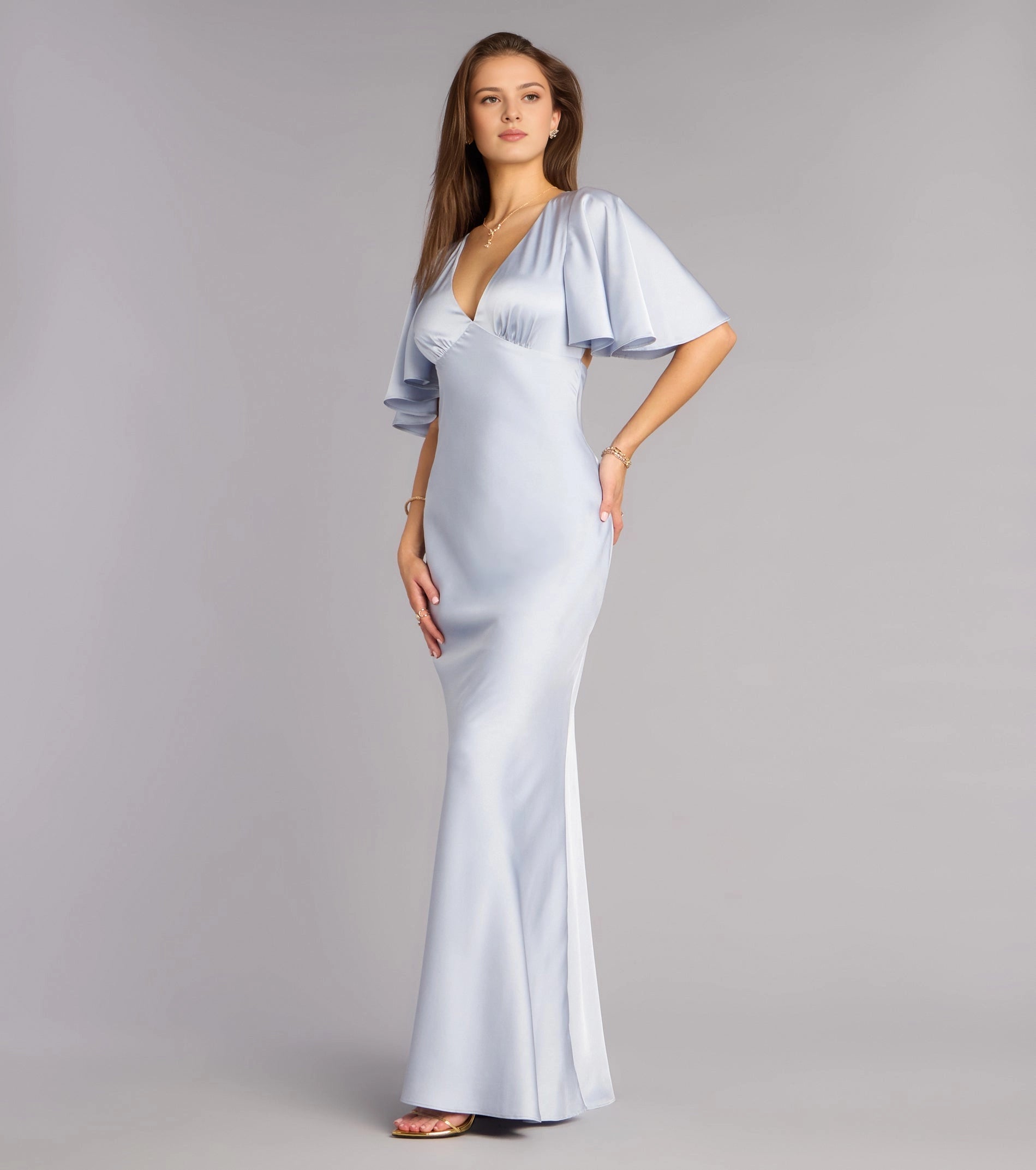 Vedress Mist Blue Deep V Flutter Sleeve Open Back Satin Mermaid Long Prom Dress