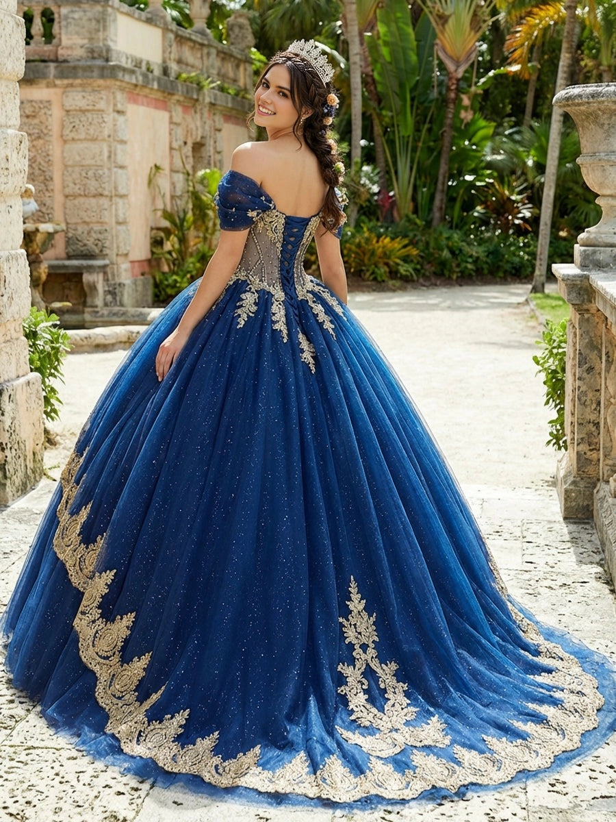 Vedress navy blue quinceanera dress off-shoulder lace-up corset back gold embroidery court train ballgown back view