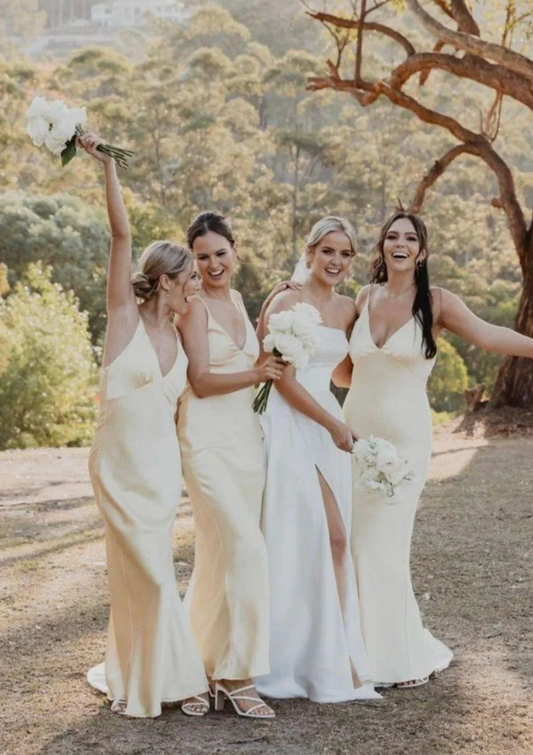 Elegant Matching Satin Bridesmaid Dresses with Deep V-Neck and Spaghetti Straps Charming Mermaid Evening Gown