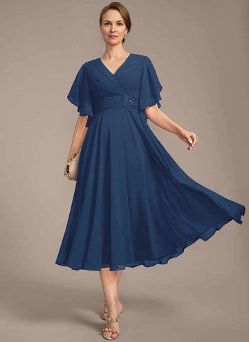 Modest A‑Line V‑Neck Flutter Sleeve Zipper Back Midi Mother Of The Bride Dress