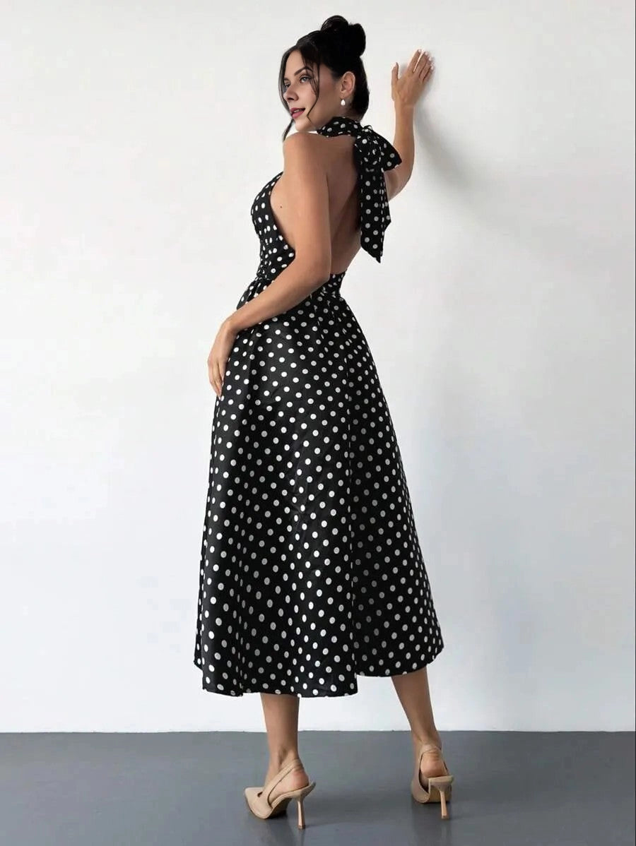 Chic A-Line Halter Sleeveless Tie-Back Midi Plus Size Prom Dress