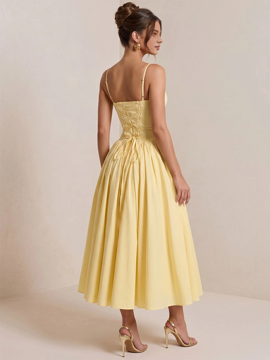 Back view Vedress yellow prom gown,corset lace‑up back,adjustable spaghetti straps,midi length