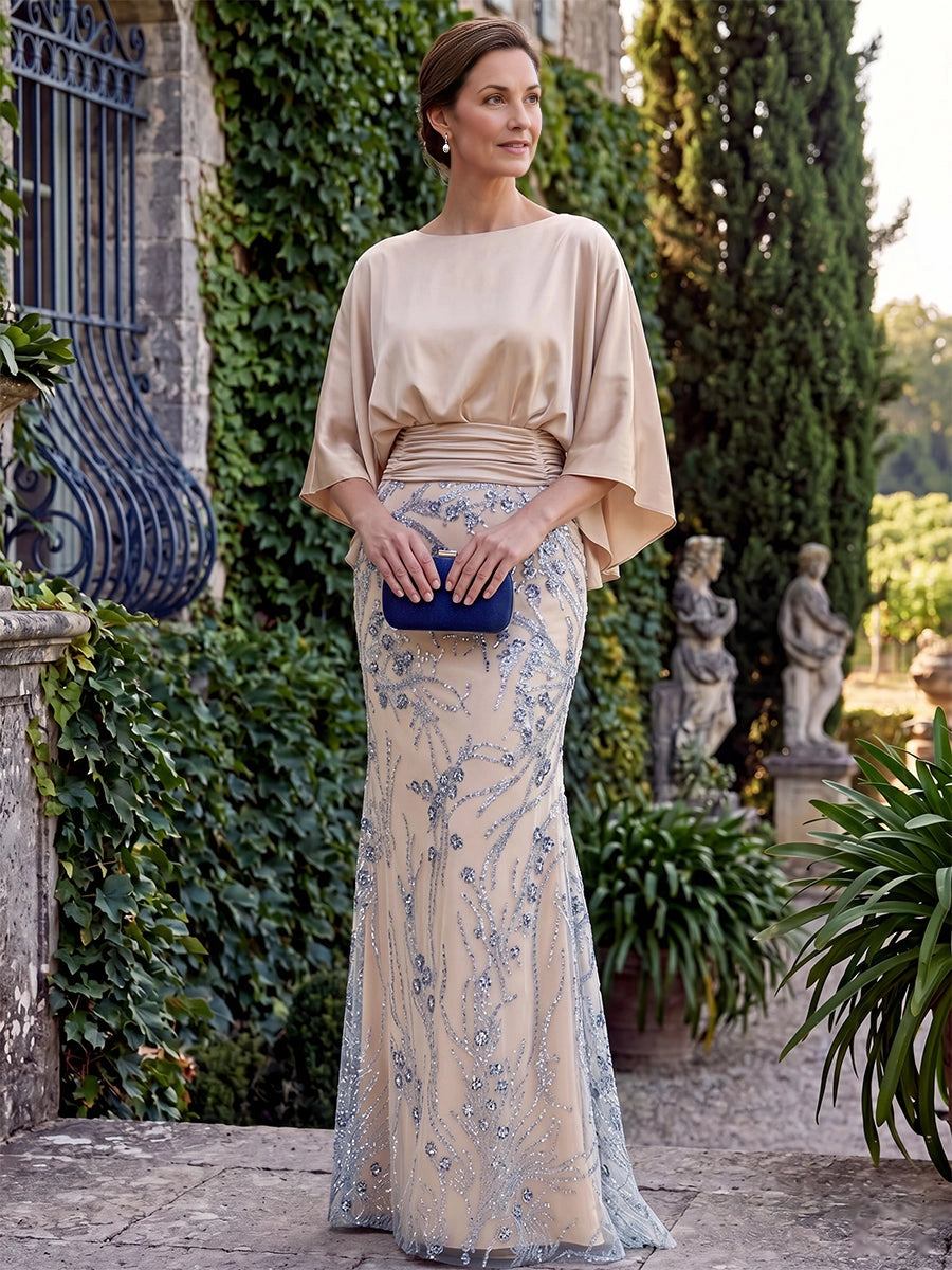 Luxury Mermaid Bateau‑Neck Cape‑Sleeve Zip‑Back Long Mother Of The Bride Dress