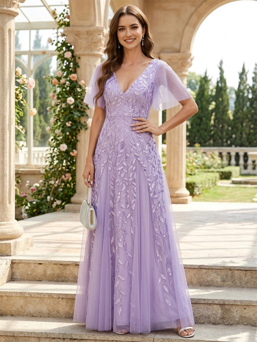 Navy A‑Line V‑Neck Flutter Sleeve V‑Back Long Mother of the Bride Dress