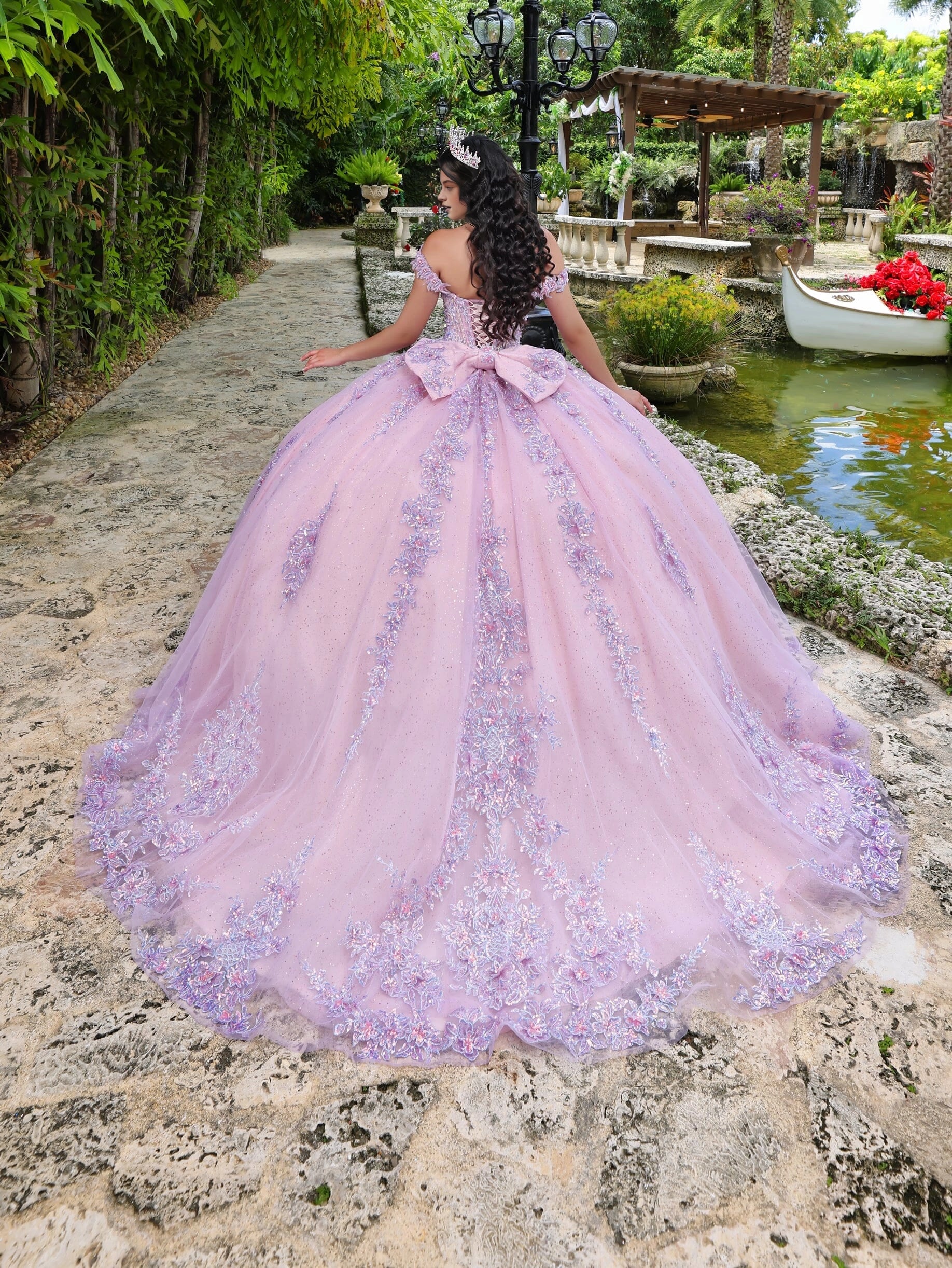 Luxurious Ball Gown Off‑Shoulder Short Sleeve Lace‑Up Back Cathedral Train Quinceanera Dress