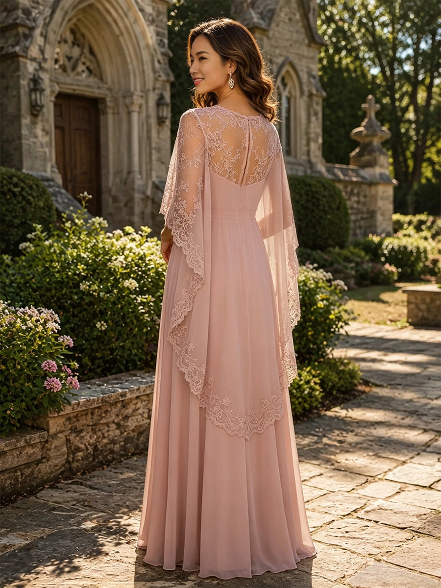 Back view vedress sheer lace v back cape sleeve chiffon floor length plus size mother gown