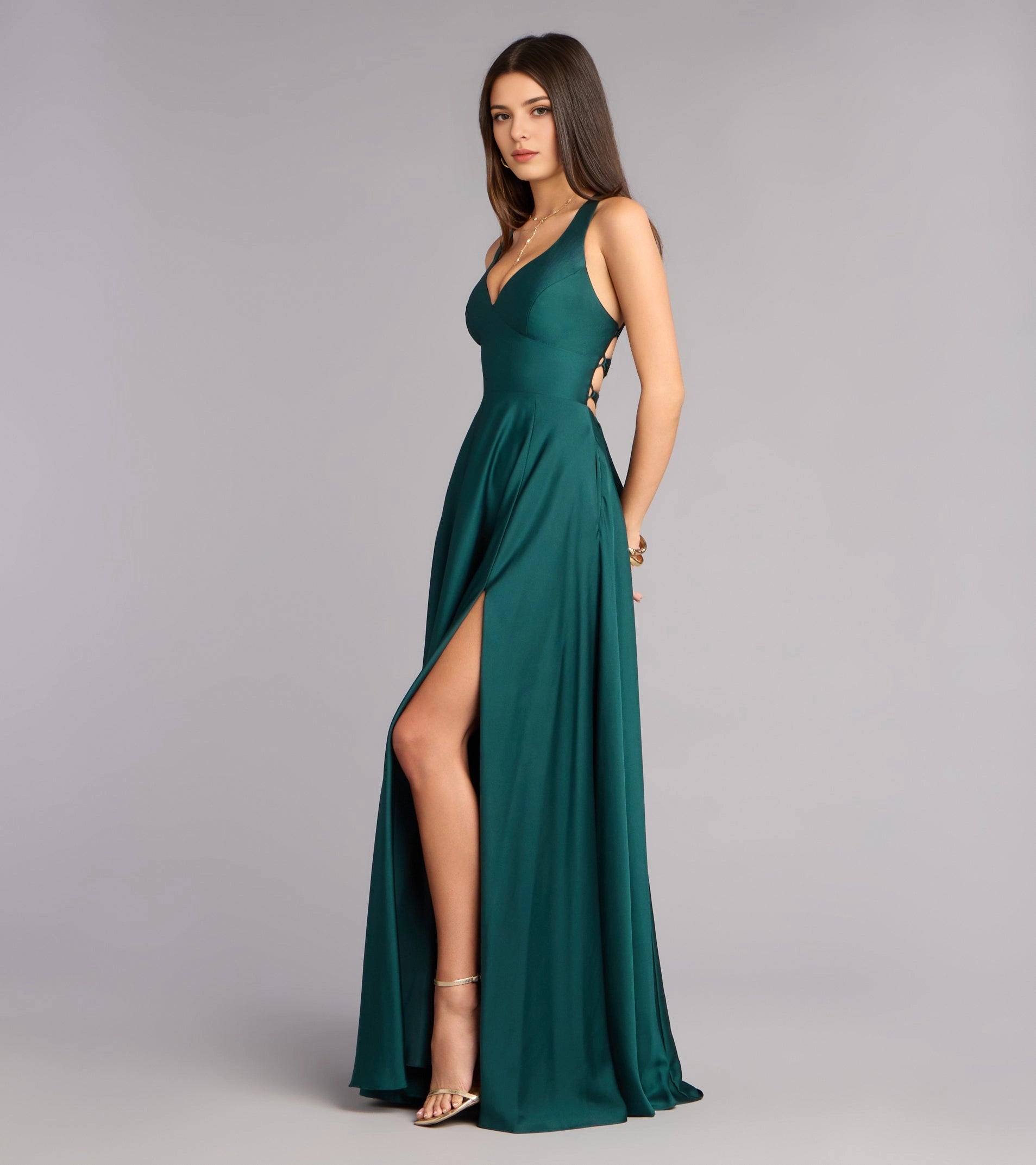 Navy A Line Halter Deep V Sleeveless Lace Up Back Slit Long Prom Dress