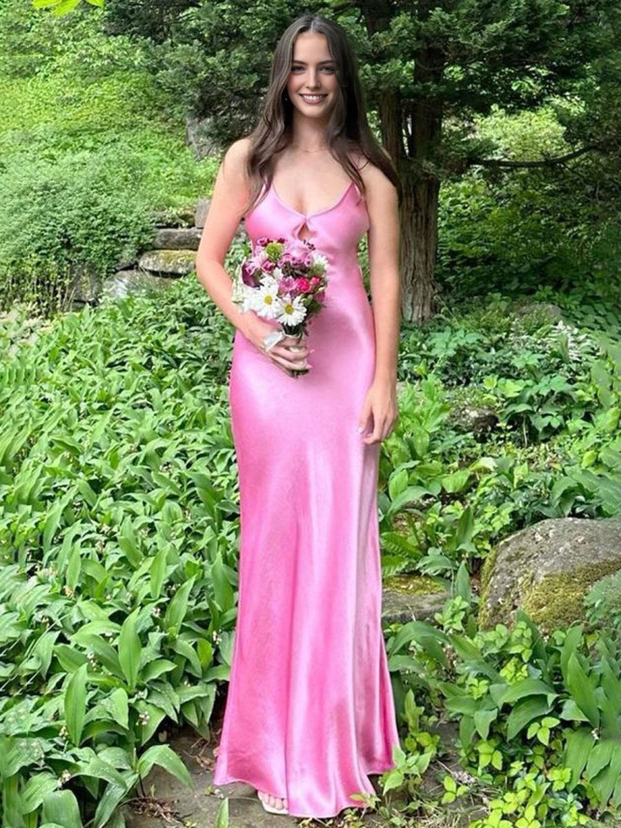 Vedress bright pink satin slip spaghetti strap v‑neck bridesmaid prom dress