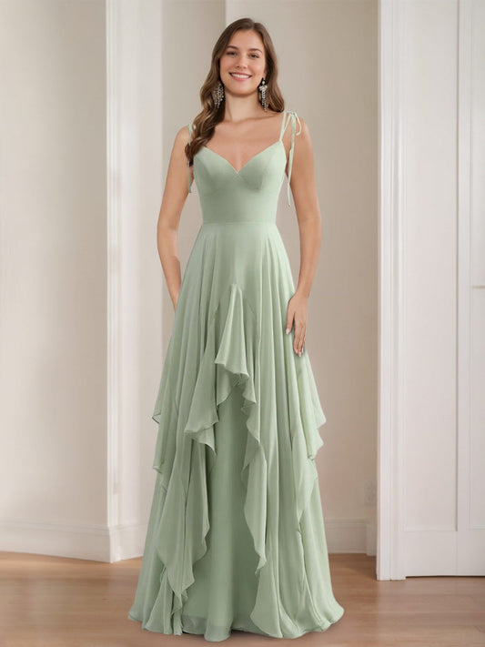 A-Line Chiffon Spaghetti Straps Sleeveless Floor-Length Prom Dresses Bridesmaid Dresses with Ruffles & Self-tie