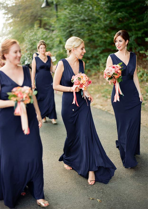 A-line V Neck Sleeveless Backless Sweep Train Jersey Floor length Bridesmaid Dress with Pleated Evening Gown