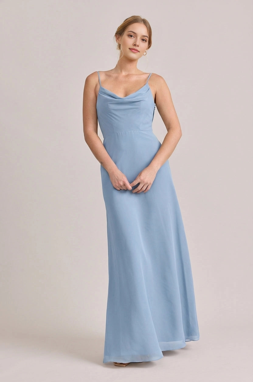 Vedress elegant dusty blue chiffon cowl neck a line maxi bridesmaid dress adjustable thin straps for garden wedding party