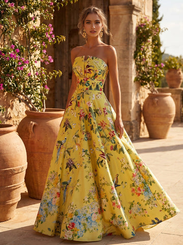 Vedress yellow floral‑print strapless a‑line floor‑length prom dress front view