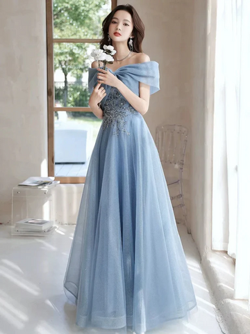 Vestido de gala de corte A estilo princesa con hombros descubiertos, abalorios y tul, vestidos largos formales de fiesta, vestidos largos formales de noche