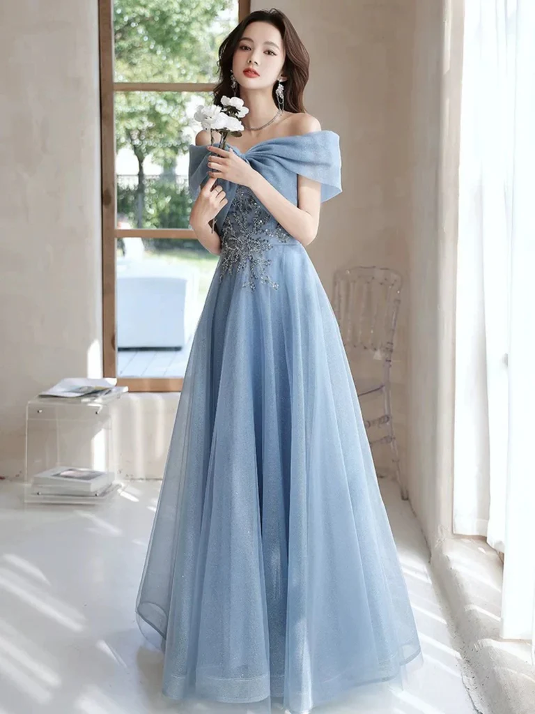 Vestido de gala de corte A estilo princesa con hombros descubiertos, abalorios y tul, vestidos largos formales de fiesta, vestidos largos formales de noche