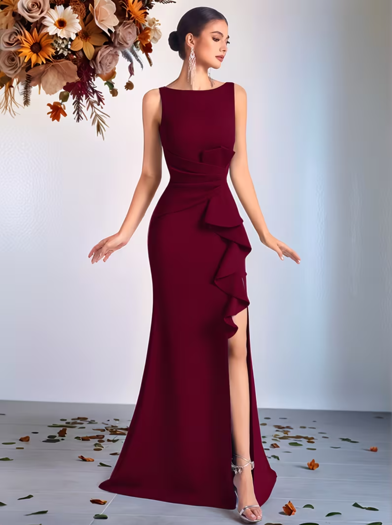 High-Waisted Ruffled Hem Slit Backless Prom Dresses Evening Gown Party Wedding Guest Dresses