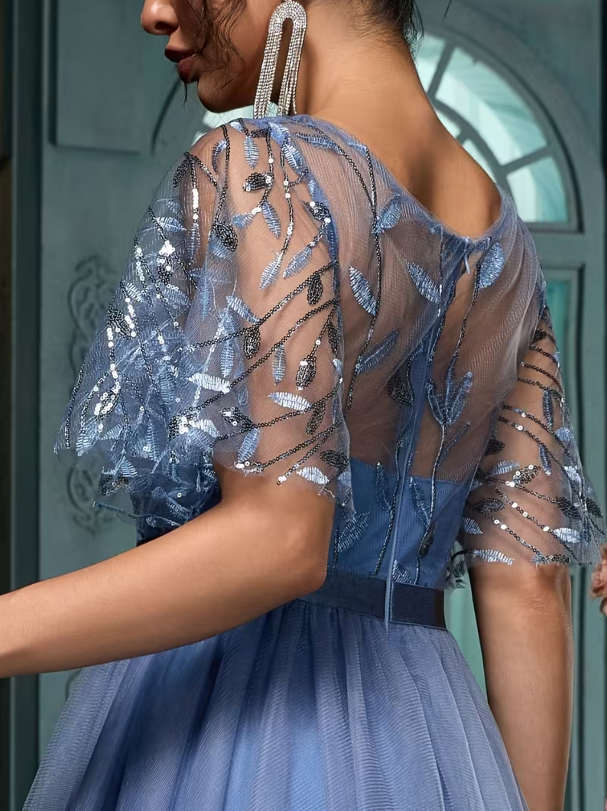 A-Line Bridesmaid Dress Mesh Party Maxi for Wedding Guest Round Neck Ruffle Sleeve Sequins Embroidery Prom Dresses