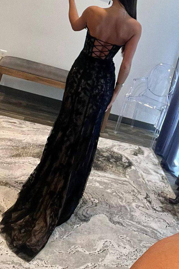 Vestido de fiesta de sirena con corsé negro y apliques, vestido de noche de sirena de encaje sin tirantes con abertura alta