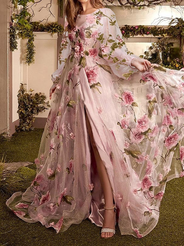 Vestidos de Noche de Fiesta con Estampado Floral con Abertura, Cuello Ilusión, Mangas Largas, Corte en A/Princesa y Cola de Barrido