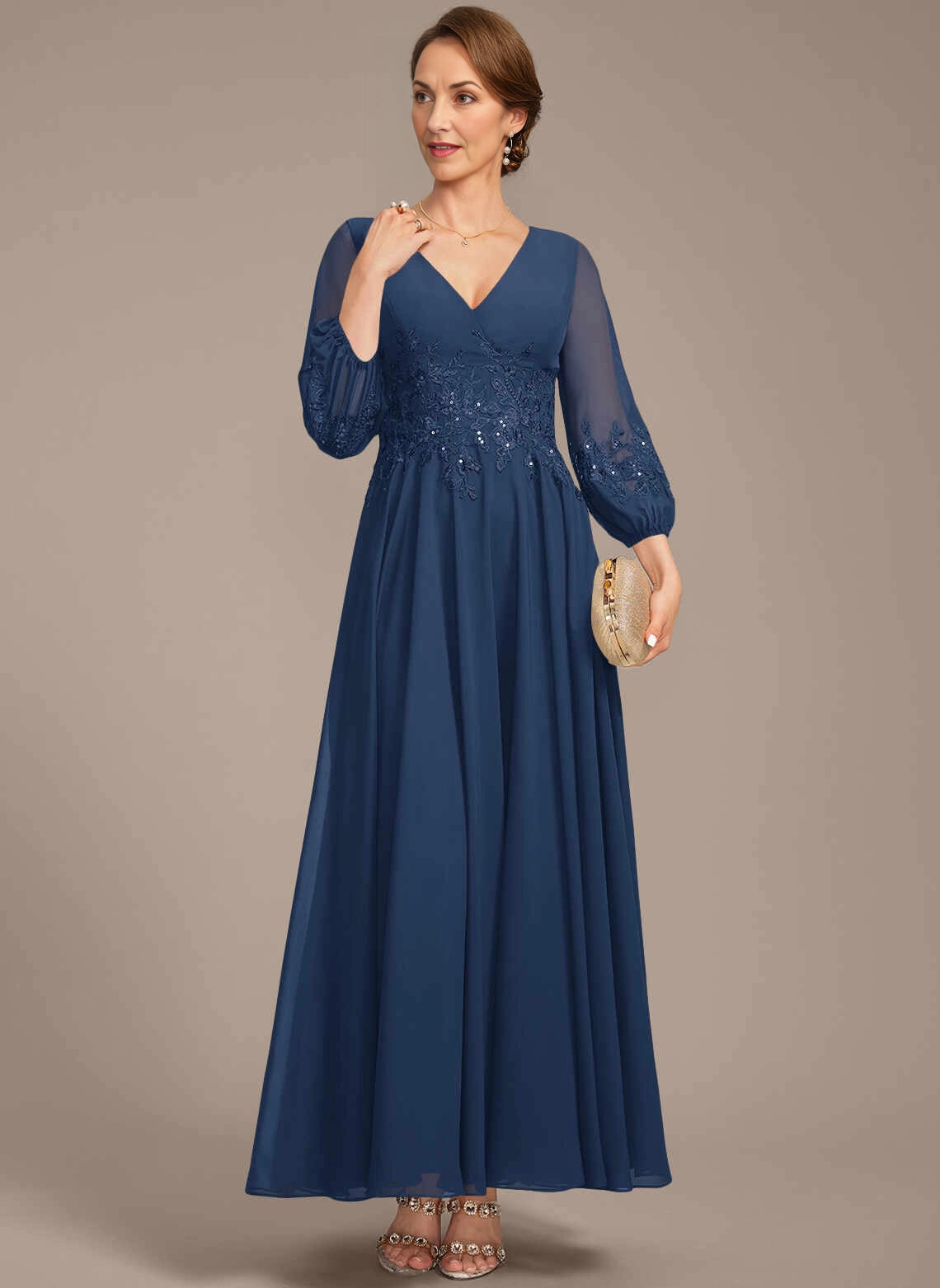 Graceful A‑Line V‑Neck Puff‑Sleeve Zip‑Back Floor‑Length Mother Of The Bride Dress