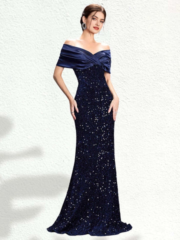 Vedress navy blue satin off shoulder sequin mermaid prom dress front view plain white wall background
