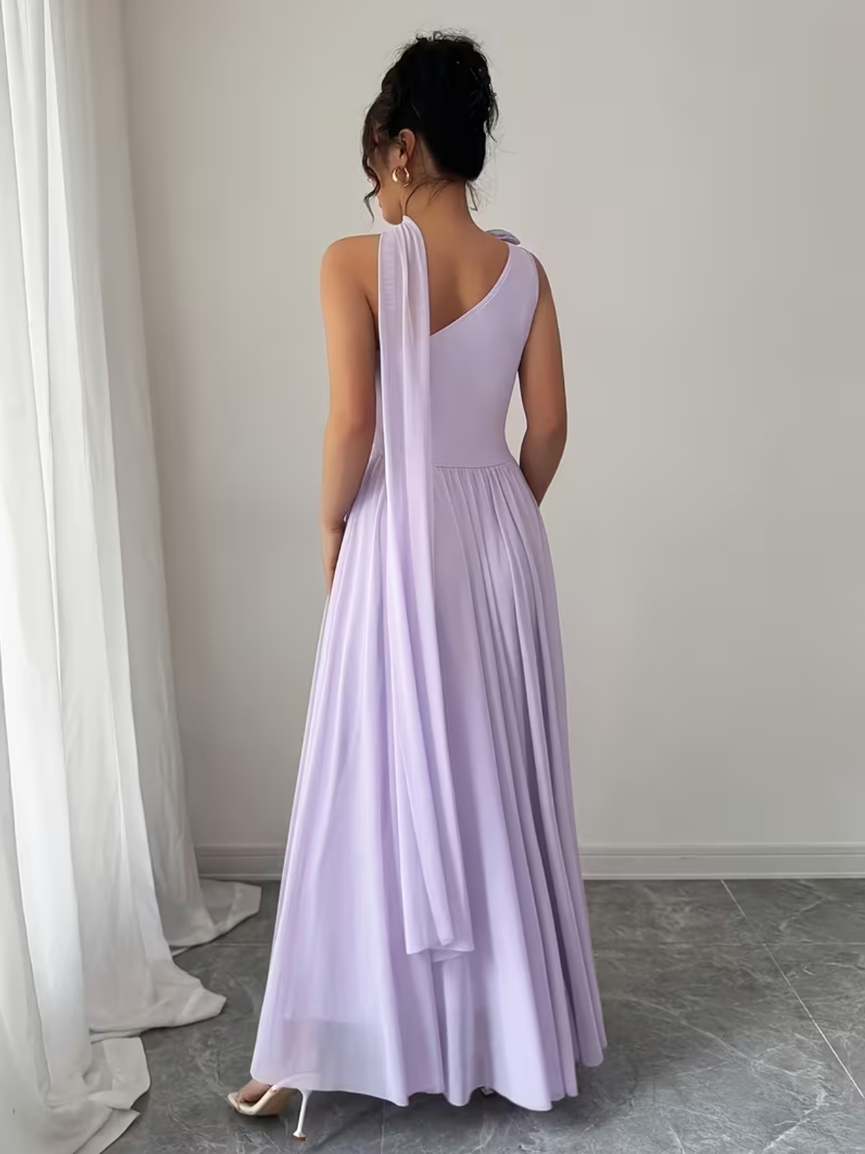 Vestido maxi casual elegante de fiesta para mujer, con un solo hombro, floral, sin espalda, para baile de graduación, con banda en cascada y falda acampanada