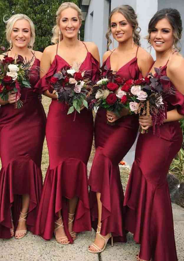 Mermaid V Neck Sleeveless Asymmetrical Charmeuse Silk Party Wedding Guest Bridesmaid Dresses With Ruffles