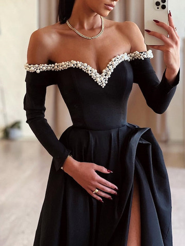 Vestido de Noche Largo de Fiesta Corte A Princesa con Hombros Descubiertos, Hasta el Suelo, con Abertura Lateral y Pedrería