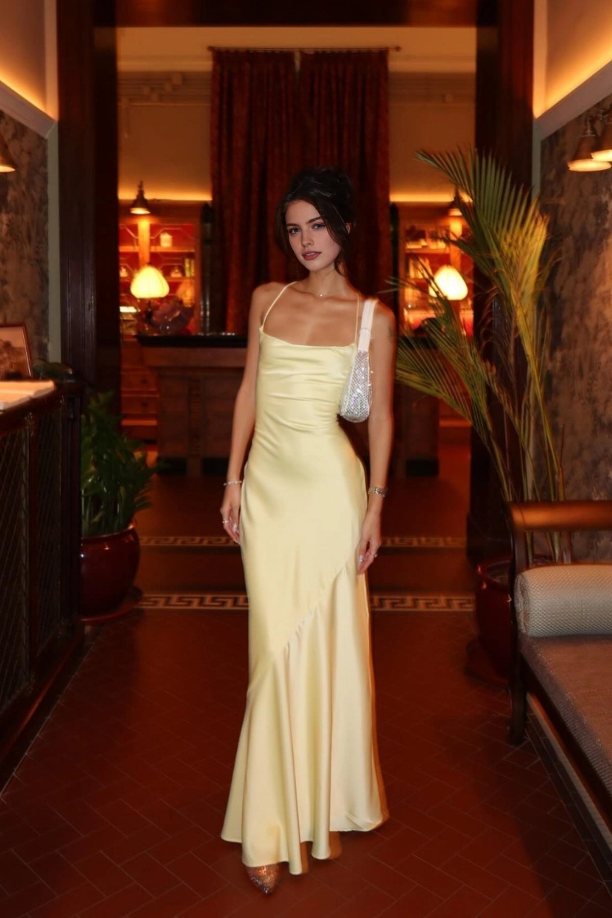 Vedress pale yellow satin mermaid lace‑up open back formal prom dress
