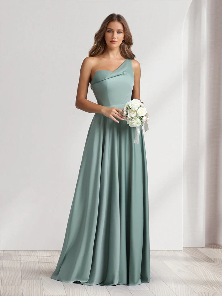 A-Line/Princess One-Shoulder Stretch Satin Floor-Length Formal Prom Bridesmaid Dresses With Pockets
