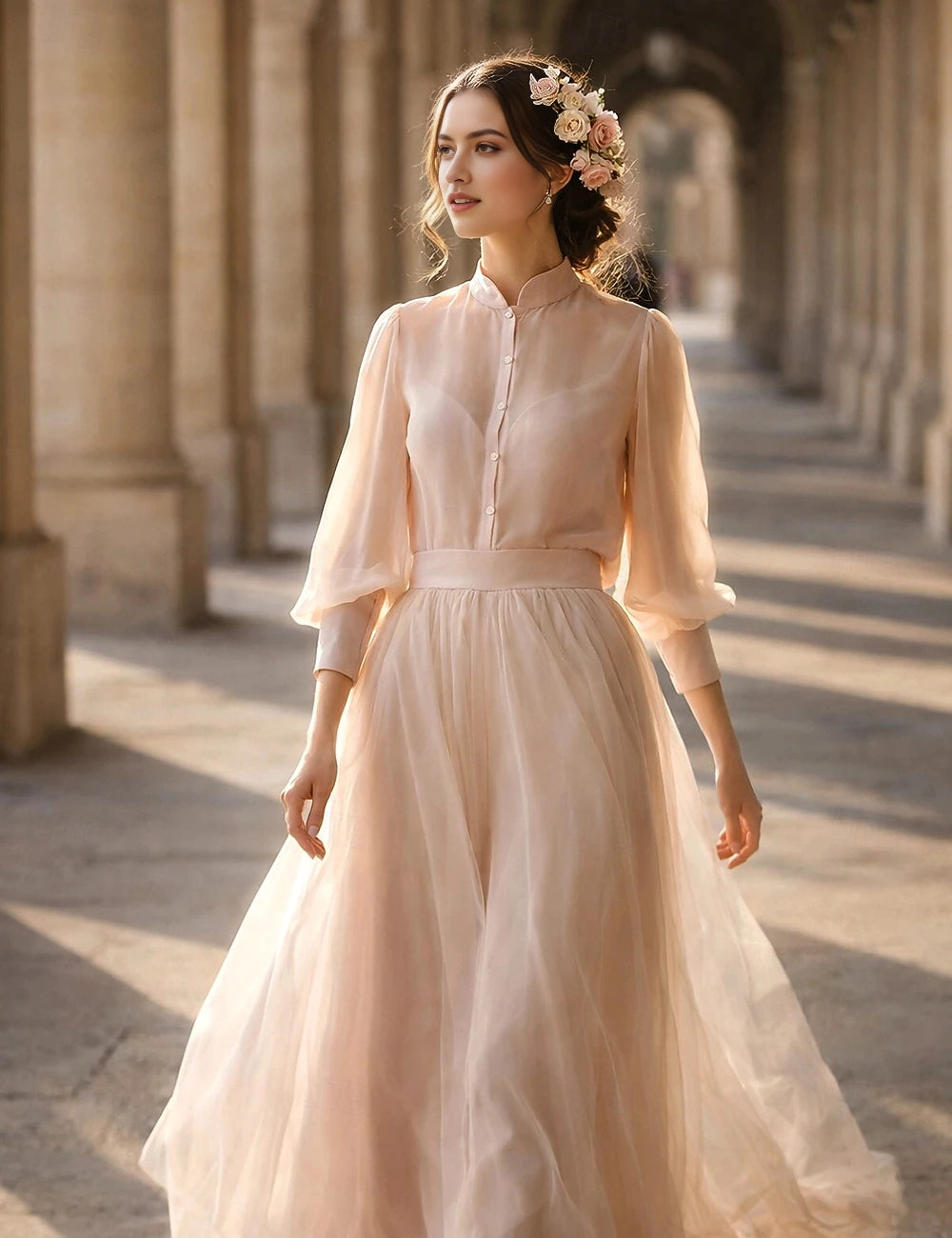 Chiffon ALine Stand Neck Puff Sleeve Plain Back Maxi Prom Dress