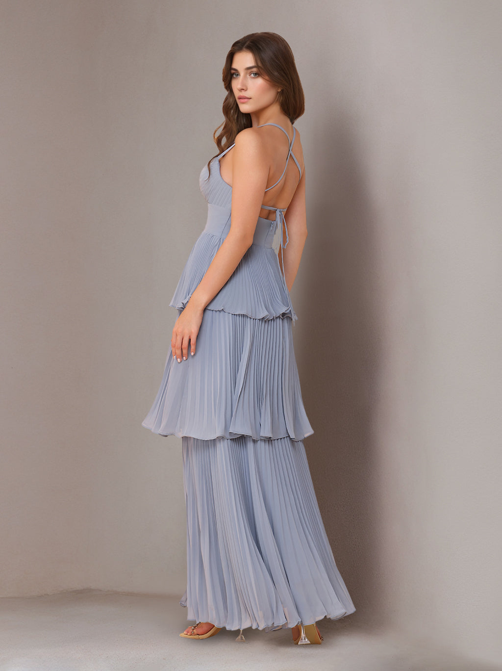 A-Line Maxi Dress Spaghetti Straps Sleeveless Floor-Length Chiffon Wedding Guest Bridesmaid Dresses with Pleated