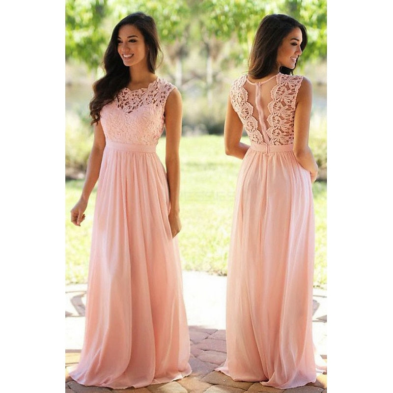 A-Line Jewel Neck Sleeveless Lace Chiffon Floor length Bridesmaid Dresses Wedding Guest Dresses