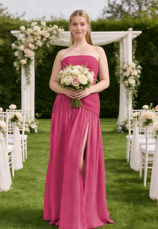 Elegant Strapless Slit Maxi Dress Crepe Chiffon Dress Outdoor Wedding Formal Events Bridesmaid Dresses Evening Gown