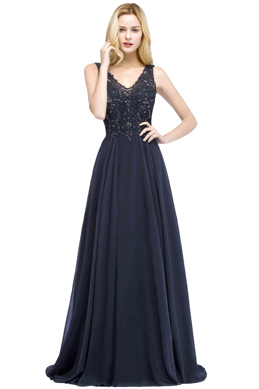 A-line V Neck Sleeveless Chiffon Applique Lace Floor Length Bridesmaid Dresses