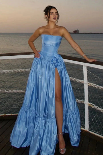 Vedress sky blue satin strapless ball‑gown prom dress with side 3d flower and high leg slit