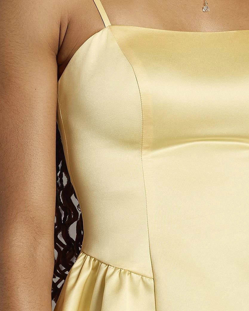 Yellow Satin A Line Square Spaghetti Strap Zip Back Mini Homecoming Dress