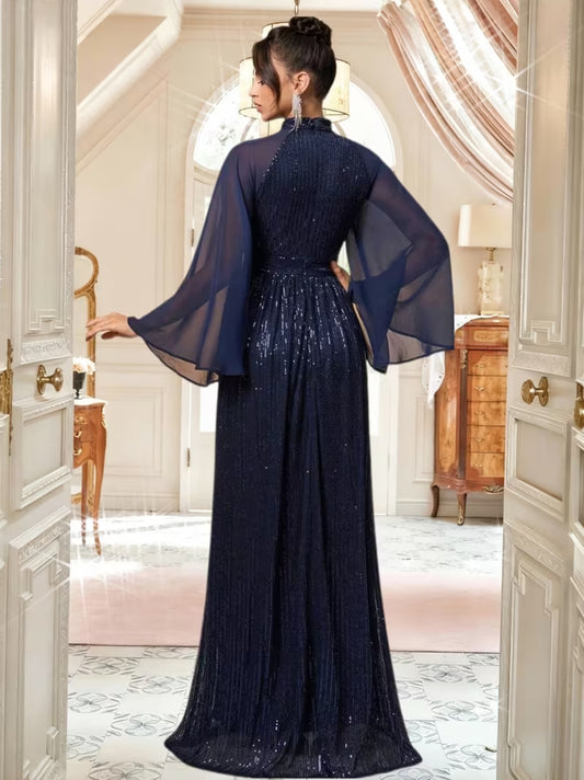 Women's High-Neck Sequin Evening Gown with Long Sleeve Chiffon Cape Floor length Evening Gown Prom Dress