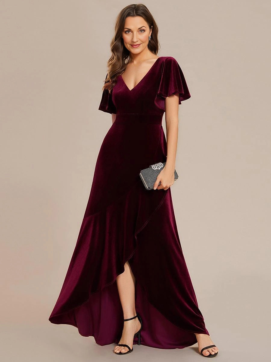 Navy‑Blue A‑Line V‑Neck Flutter‑Sleeve V‑Back High‑Low Mother Of The Bride Dress