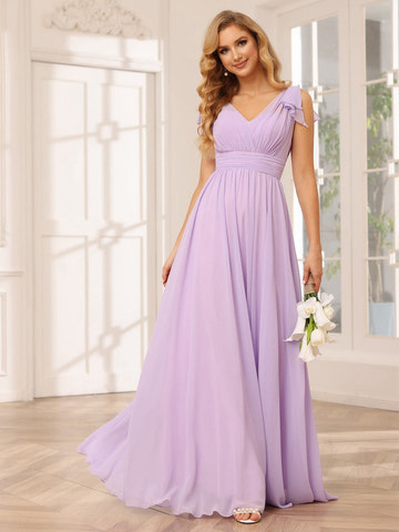A-Line/Princess V-Neck Chiffon Short Sleeves Long Bridesmaid Dresses with Ruffles