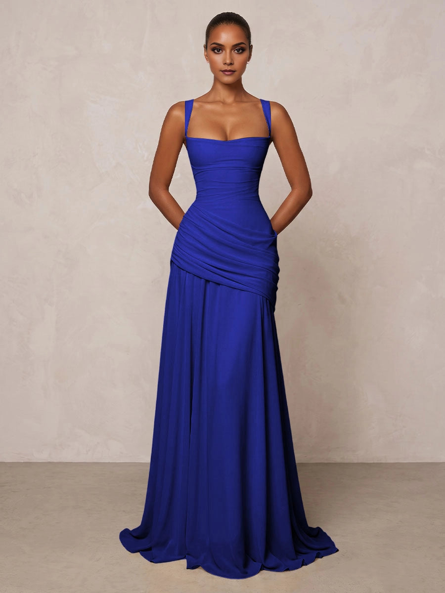 Graceful A‑Line Square‑Neck Sleeveless Crisscross‑Back Floor‑Length Bridesmaid Prom Dress