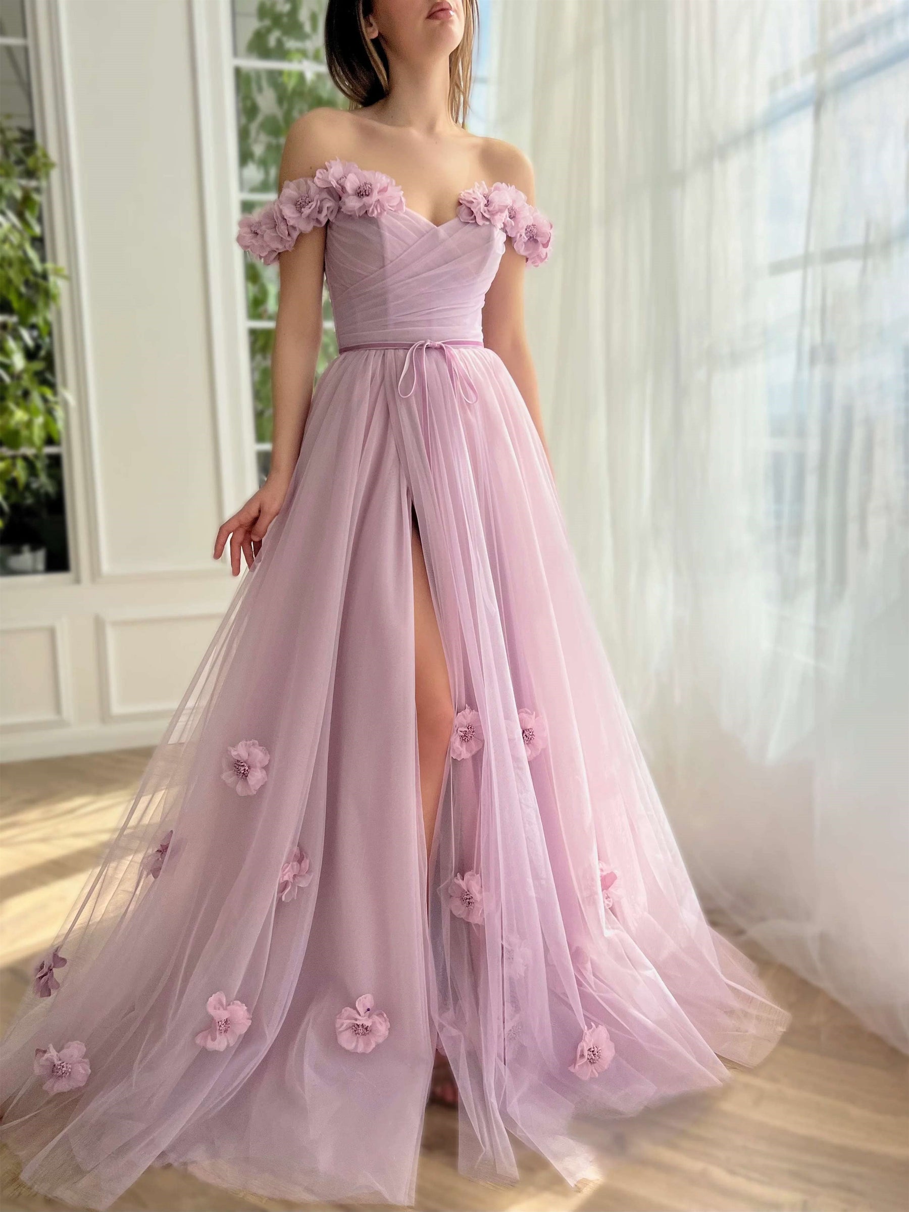 A-Line/Princess Off-the-Shoulder Sleeveless Floor-Length Flower Tulle Evening Dresses Prom Dresses