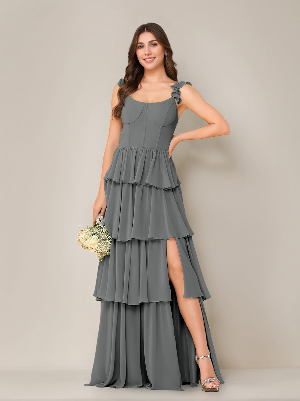 A-Line Princess Scoop Neck Sleeveless Chiffon Floor-Length Bridesmaid Dress with Ruffles & Split Side