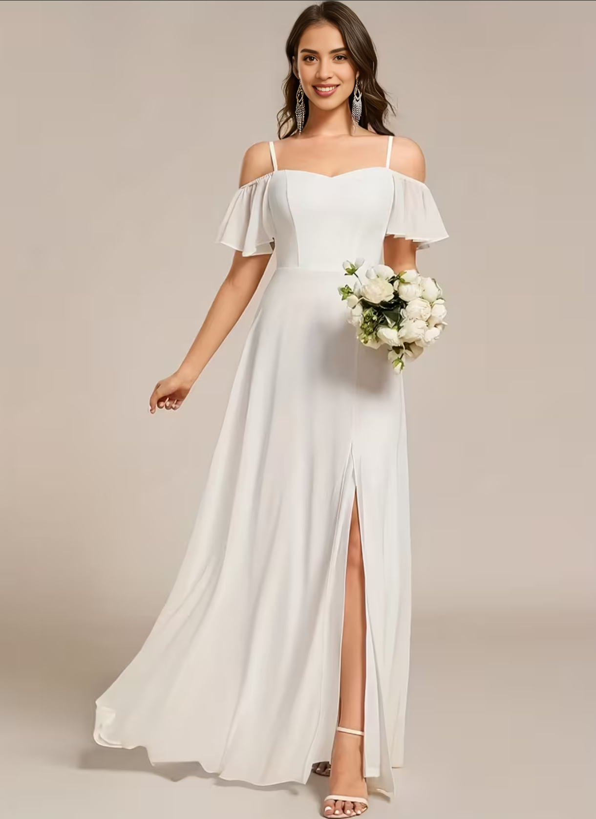 Women's Off-the-Shoulder Sweetheart Neck Ruffle Sleeve Chiffon Bridesmaid Dresses Maxi Dress with Side Slit